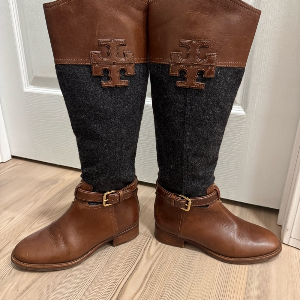 Tory Burch Brown Leather and Charcoal Wool Knee High Riding Boots Size 5M